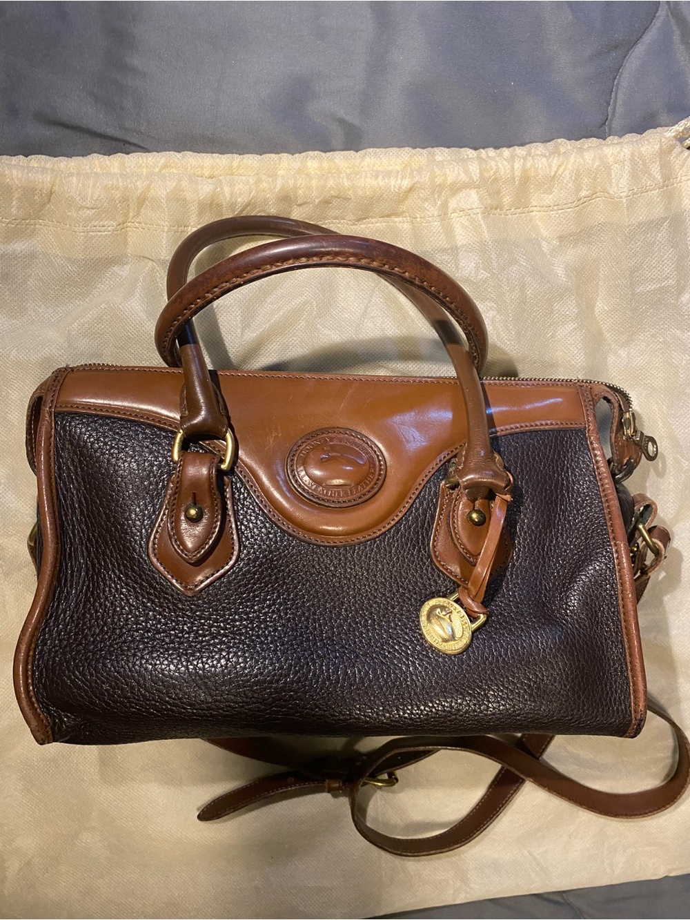 Dooney & Bourke Dark Brown Pebbled Leather Satchel with Cognac Trim
